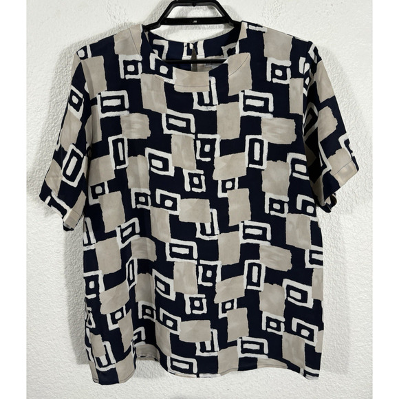 Vintage 90s Ship N Shore Top Size 12 Boxy Geometric Navy Blue Beige Polyester - Picture 1 of 7